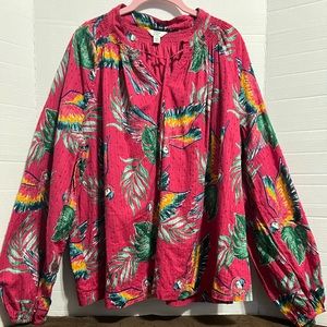 Crown and Ivy Pink Tropical Macaw Parrot Printed Peasant Tunic Blouse, Sz XXL